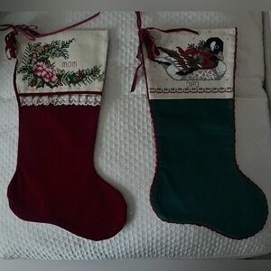 Handmade Embroidered Mom and Dad Holiday Stockings Set